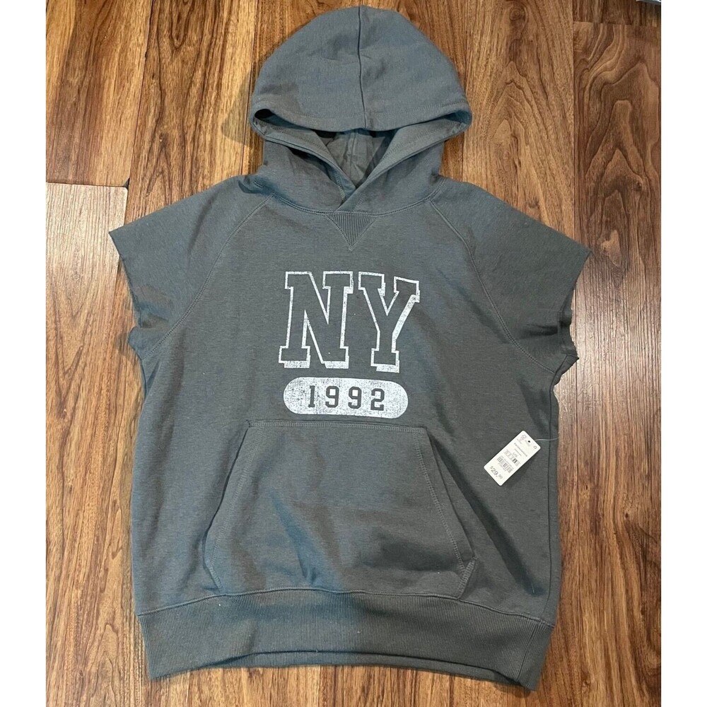 NWT Ardene Sleeveless Sweater Hoodie Womens Size Large Gray NY 1992 Logo